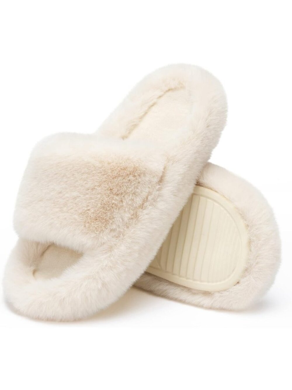 Women's Beige Memory Foam Soft Faux Fur Lined Open Toe Indoor Slippers